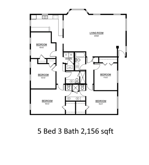 a floor plan of 5 bed 3 bath 2,156 sqft at THE EASTWOOD, AUSTIN, TX